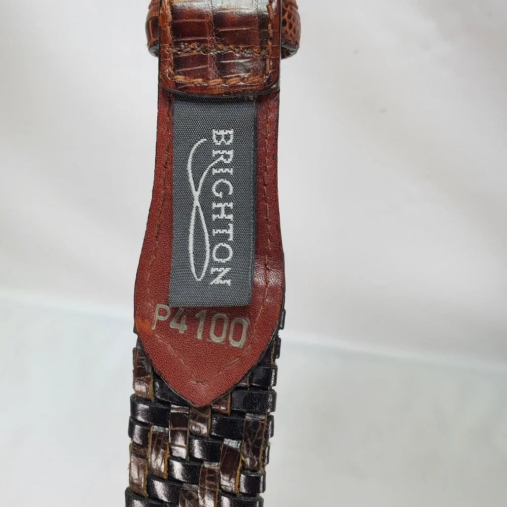 Brighton Woven Belt 36 Brown Black Lizard Embossed Leather P4100 Silver Buckle